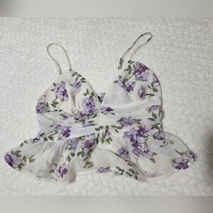 White and Purple Floral Blouse With Adjustable Straps